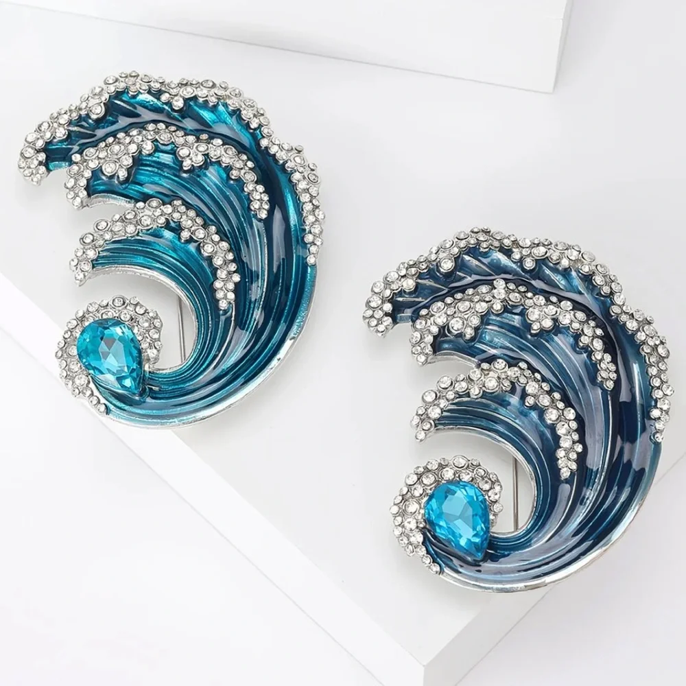 Ocean Wave Crystal Brooch Blue Rhinestone Statement Pin Coastal Jewelry